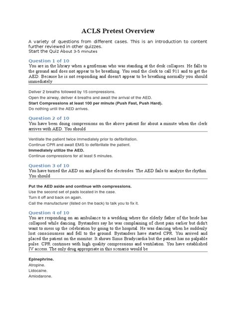 Acls test questions and answers › american heart acls test answers › acls questions and answers pdf for that we provide acls test answers 2019 real test. ACLS Pretest Overview.doc | Cardiopulmonary Resuscitation | Clinical Medicine