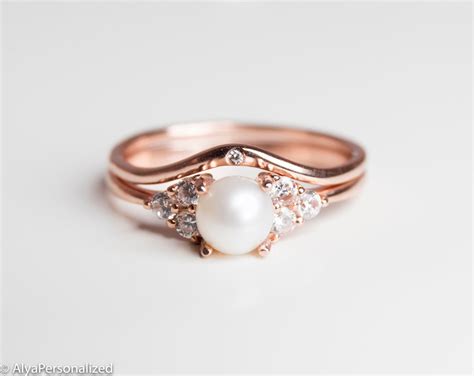 Rose Gold Engagement Ring Set Pearl Engagement Ring Etsy In 2020