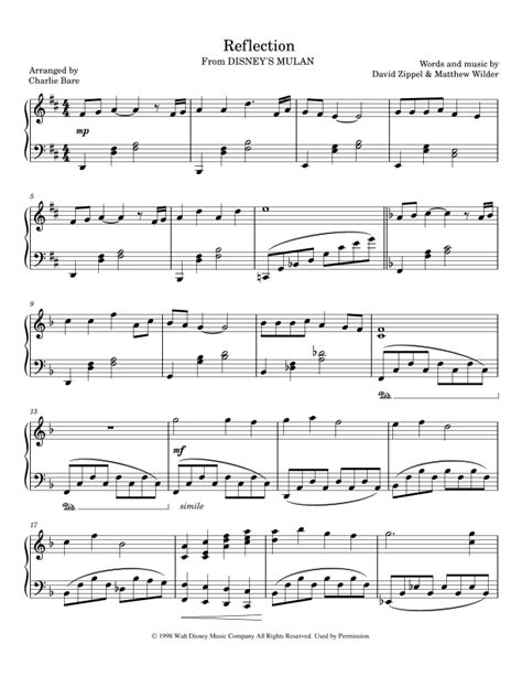 Reflection Sheet Music Christina Aguilera Piano Solo