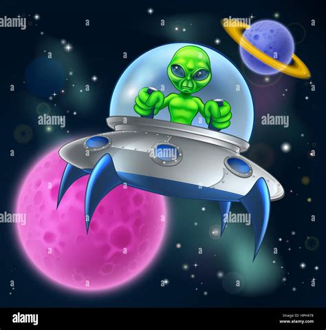 Cartoon Alien Spaceship Or Flying Saucer In Space Scene With A Moons