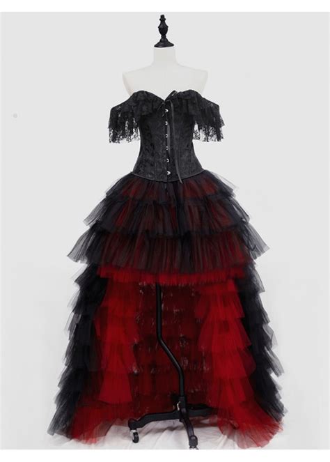 Black And Red Gothic Burlesque Corset Prom Party High Low Dress D1 052