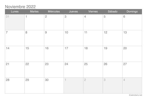 Calendario Noviembre De 2022 Para Imprimir