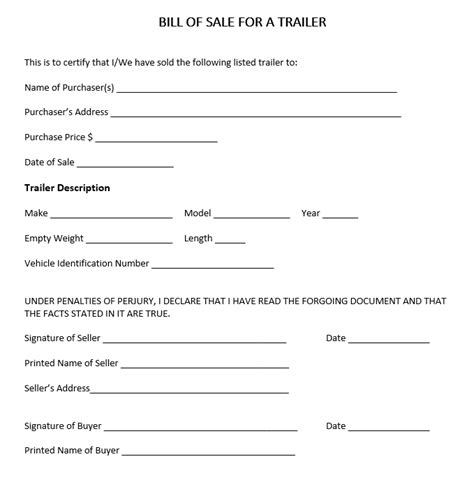 Free Utility Trailer Bill Of Sale Template Printable Templates