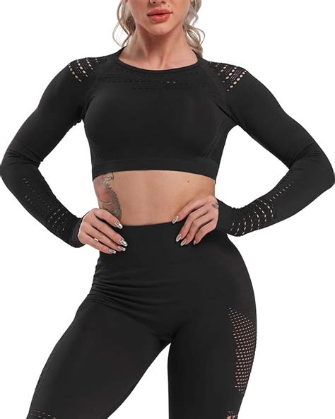 Cross1946 Womens Yoga Gym Crop Top Seamless Compression Workout Athletic Long Sleeve Shirt