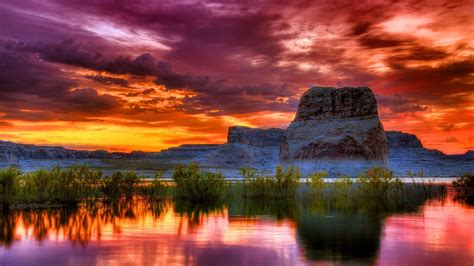 Arizona Sunset Scenery Lake Rocky Mountains Orange Clouds Reflection In ...
