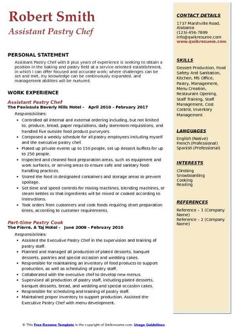 Assistant Pastry Chef Resume Samples Qwikresume