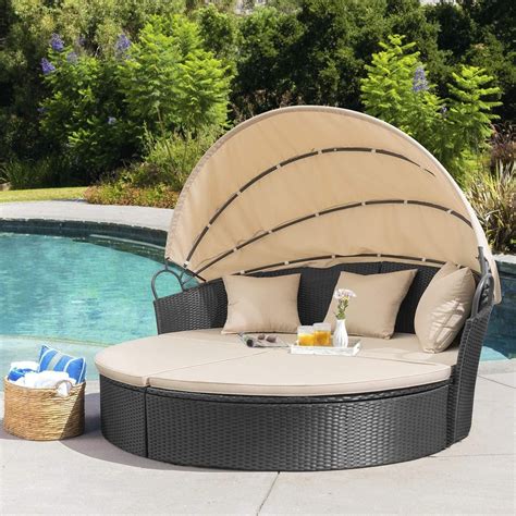 Furniwell Round Outdoor Daybed With Canopy Wicker Patio Canopy Daybed