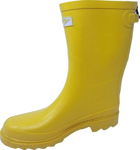 Women Mid Calf 11 Rubber Rain Boots With Zipper Decor Yellow Size 7