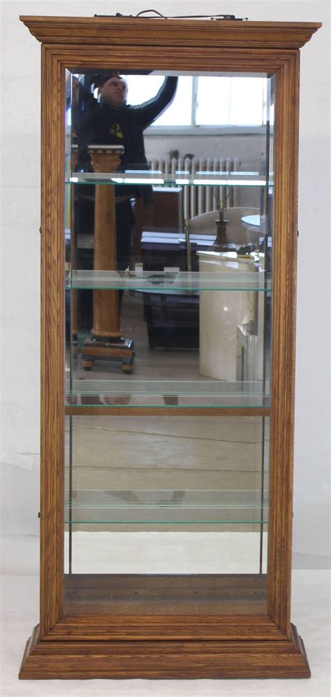 Alps tall cabinet with glass door and drawer. Tall Narrow Side Doors Beveled Glass Oak Curio Display ...