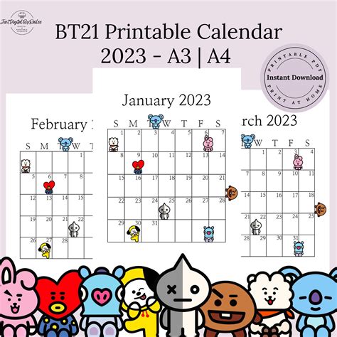 2023 Bt21 Printable Calendar Bts Calendar Monthly Calendar Etsy