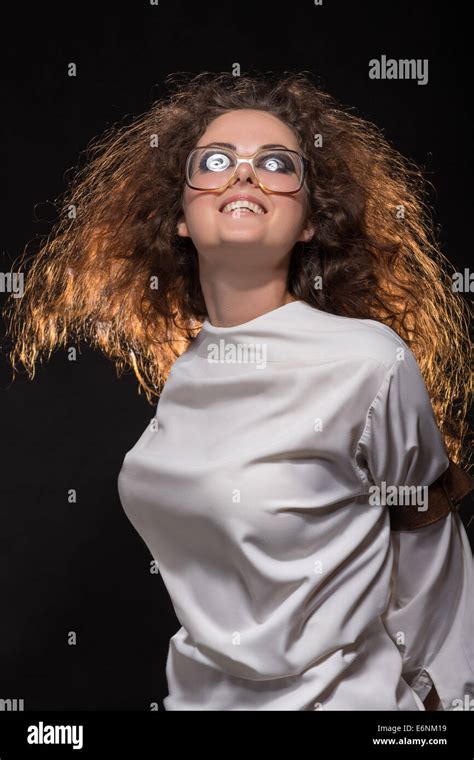 Fun Happy Crazy Woman In Glasses In Dark Stock Photo Alamy