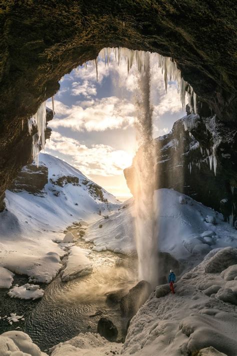 Waterfall Winter Snow Cavern Clouds Scenery Photography Nature