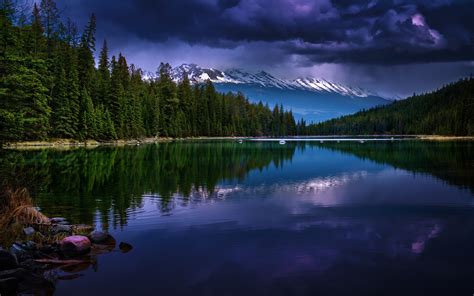 Nature Landscape Mountain Forest Evening Lake Clouds Snowy Peak