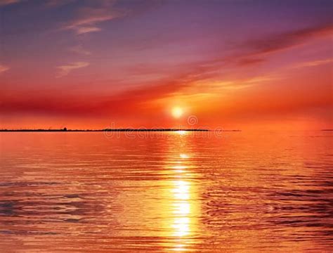 Orange Seascape Sunset Over Sea Blue Sky Gold Pink Yellow Sunlight Dawn