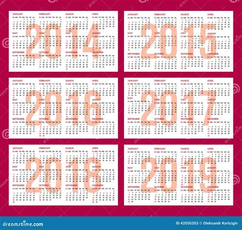 Calendar Grid For 2014 2015 2016 2017 2018 2019 Stock Vector