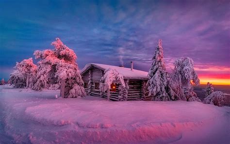 Winter Sunset House Snow Cold Sky Sunset Wooden Winter Frost