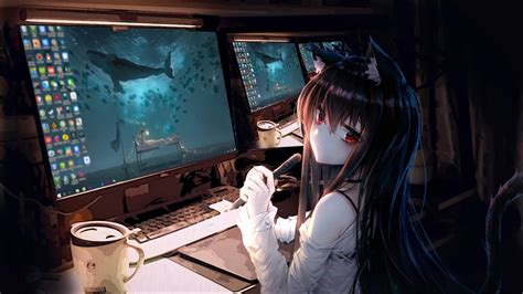 Anime Girl At The Computer Anime Live Wallpaper 30415 Download Free