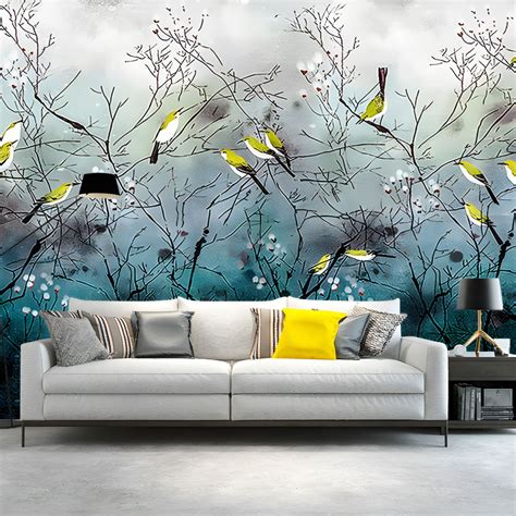 Illustration Bird On Branches Mural Large Wall Decor For Living Room