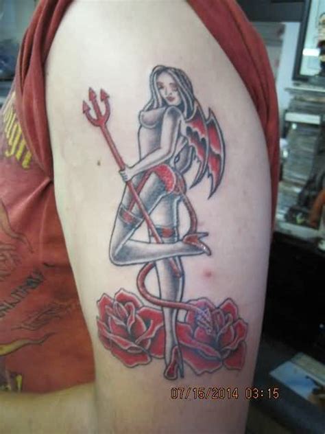 Extremely Best Devil Girl Tattoo With Red Roses