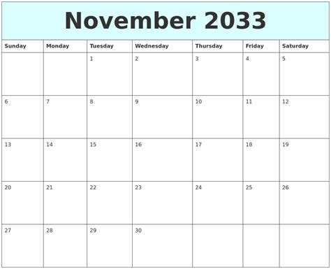 November 2033 Free Calendar