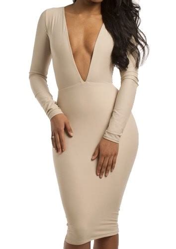Sexy Women S Plunging Neckline Long Sleeve Backless Bodycon Dress Off White Sexy Women S