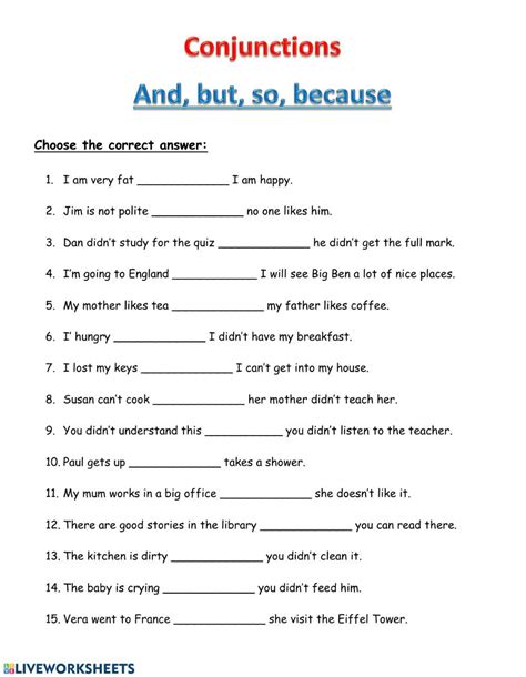 Conjunctions And But So Because Worksheet In Conjunctions