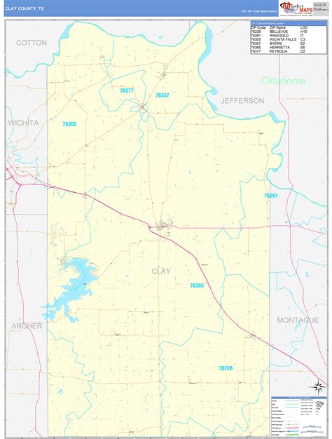 Clay County Tx Zip Code Wall Map Basic Style By Marketmaps Mapsales