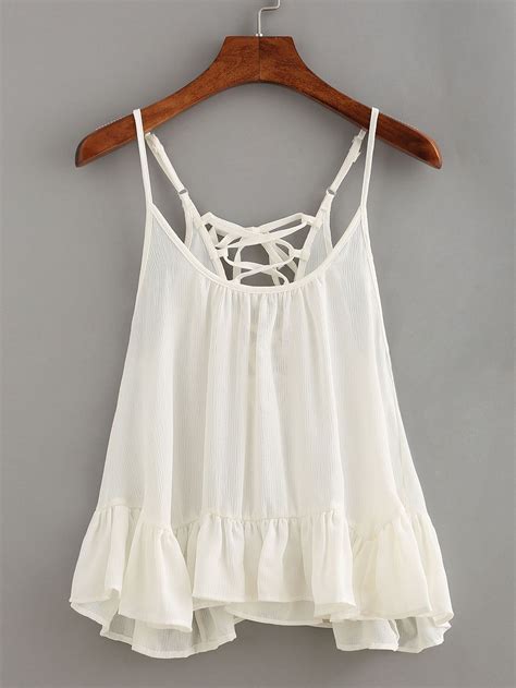 Lace Up Ruffled Hem Cami Top White White Summer Tops Tops White Camisole Top