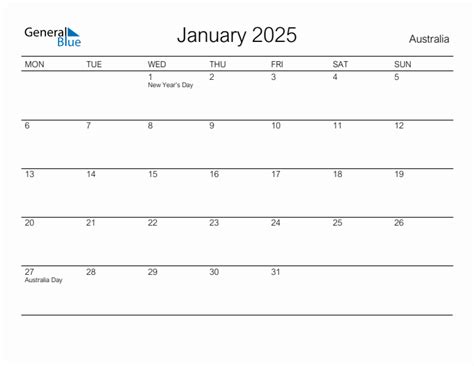 January 2025 Australia Monthly Calendar With Holidays