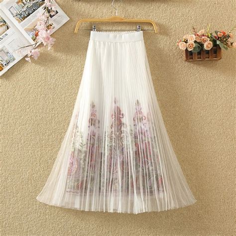 Tigena Fashion Floral Embroidery Tulle Long Skirt Women Summer