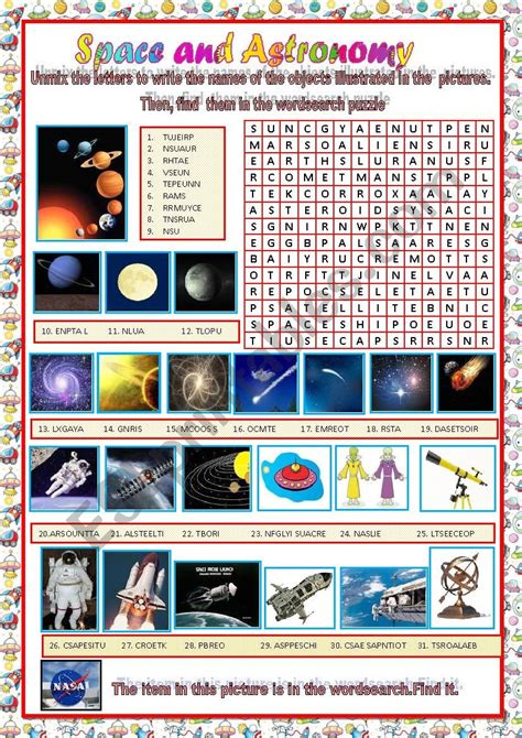 Space And Astronomy Wordsearch Puzzle Esl Worksheet By Oumsalsabil