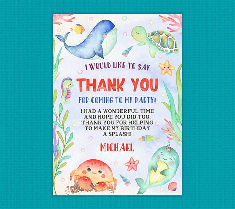 Under The Sea Thank You Card Perfect Party Prints Editable Party