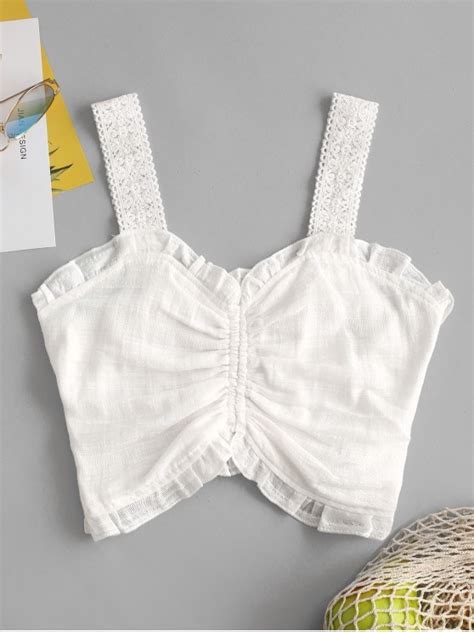 Frilled Ruched Smocked Crop Top White Crop Tops White Crop Top Tops