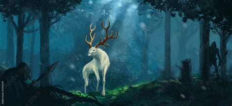 Fantasy Elk Creature Hunted By Evil Goblin Creatures In A Magical