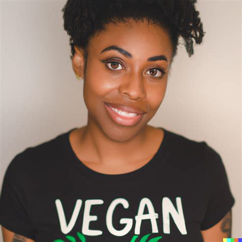 “a Young Vegan Woman Wearing A T Shirt Saying Vegan Smiling At The