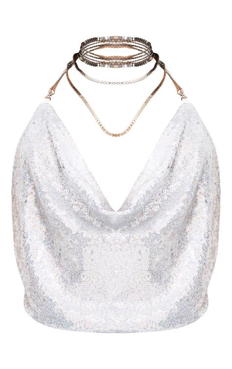 Silver Cowl Neck Sequin Chain Crop Top Tops Prettylittlething