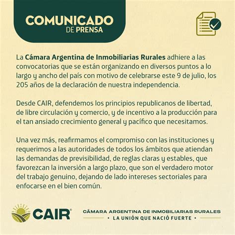 Comunicado de Prensa CAIR Cámara Argentina de Inmobiliarias Rurales
