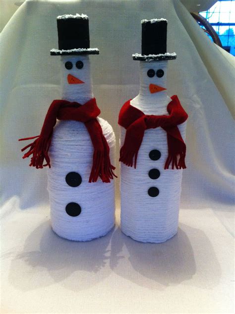 Yarn Covered Recycled Liquor Bottle Snowman Holiday Decoration Wine