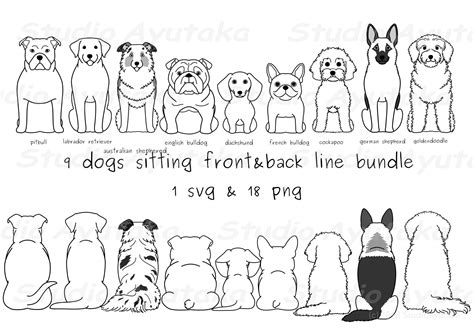9 Dogs Sitting Front And Back Lineart Bundle Svg Png Instant Download