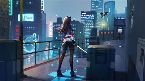 2560x1440 Anime Girl Scifi City Roof With Weapon 1440p