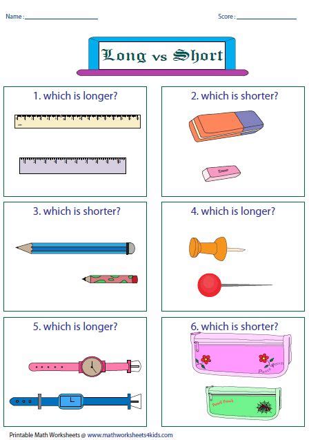 Long and Short Worksheets | Kindergarten math activities, Kindergarten