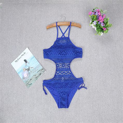 Womens Lace One Piece Swimsuit Sexy Halterneck And Wasit Cutout Design