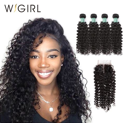 Wigirl Brazilian Deep Wave Human Hair Bundles With Lace Closure With