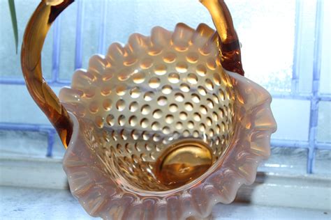 Fenton Chocolate Amber Hobnail Opalescent Glass Basket