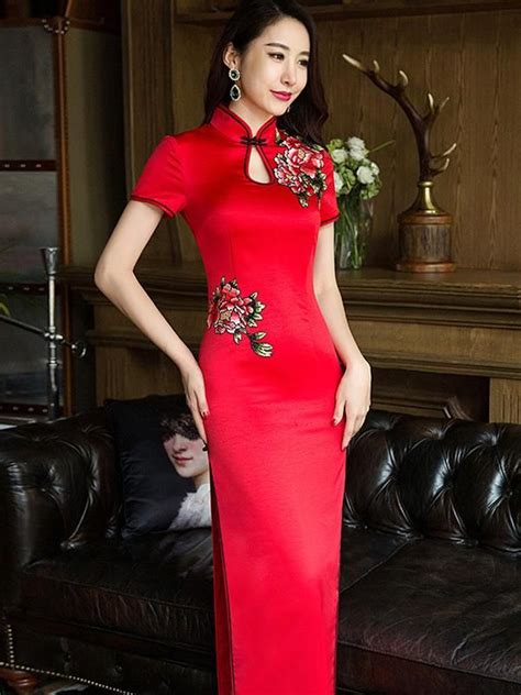 red embroidered long cheongsam dress dresses cheongsam dress traditional dresses