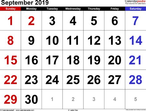 September 2019 Calendars For Word Excel Amp Pdf