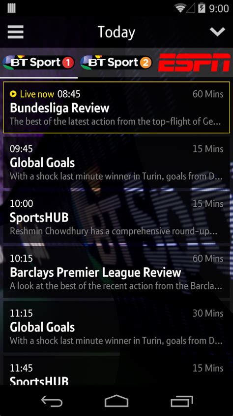 The bt sport app on xbox and windows 10 the bt sport app allows bt sport subscribers to watch all our great live sport content on bt sport 1, 2, 3, bt sport espn and boxnation. BT Sport - screenshot