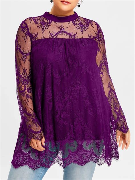 Plus Size Lace Sheer Scalloped Edge Blouse Purple 5xl Curvy Fashion