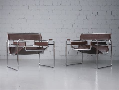 Pair Of Brown Leather Wassily Arm Chairs By Marcel Breuer For Knoll