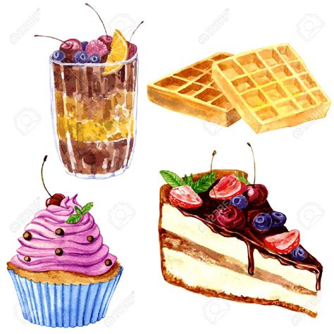 Set Of Watercolor Drawing Desserts Crispy Viennese Wafers Chocolate